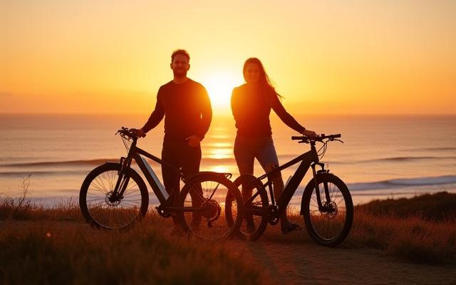 Two founders of Pelagic Cycles on e-bikes overlooking the San Diego coastline at sunset, embodying adventure and eco-consciousness.